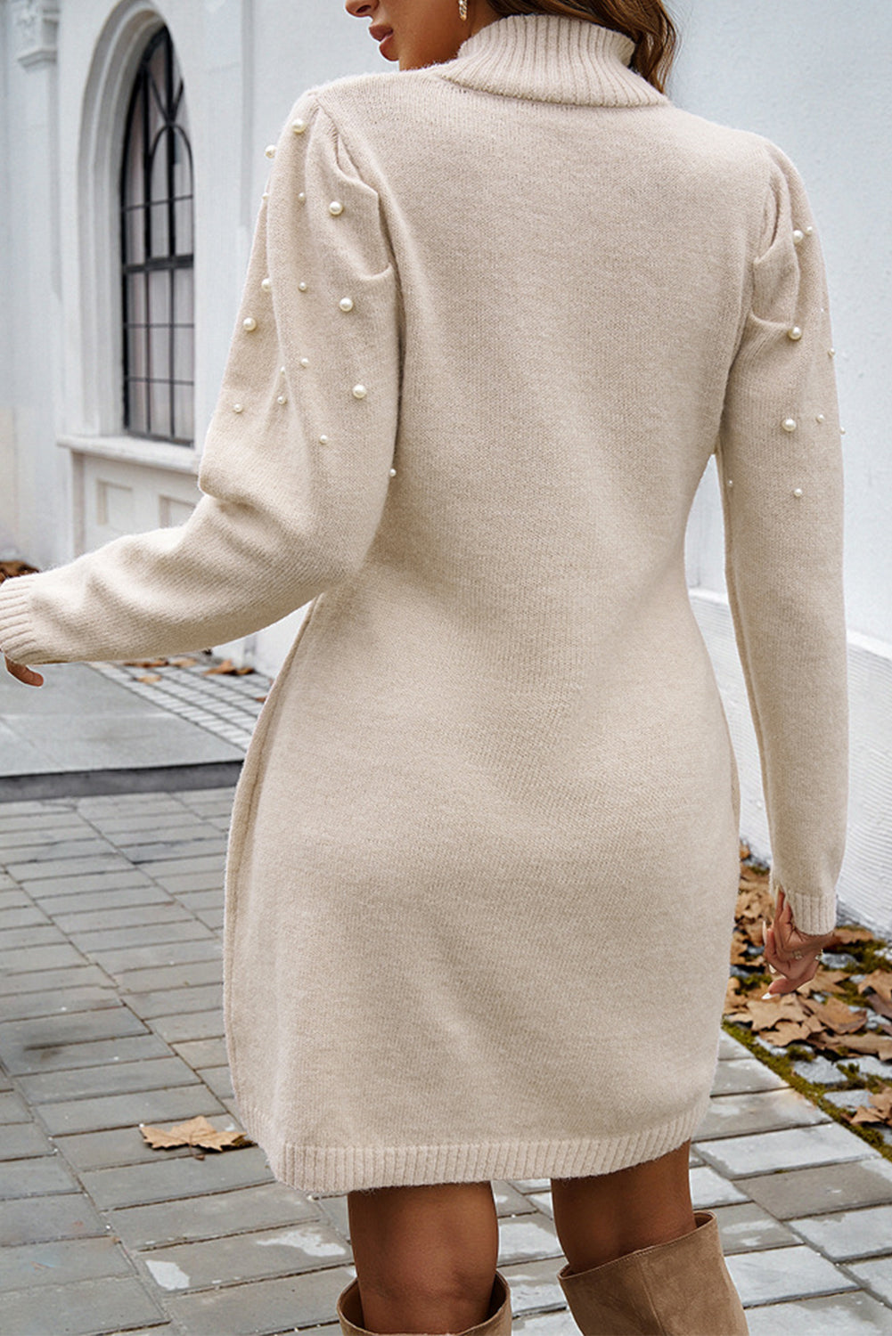 Parchment Pearl Beaded High Neck Bodycon Sweater Dress eAura