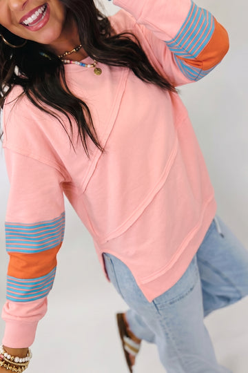 Colorblock Striped Patchwork Long Sleeve Round Neck Blouse – Pink