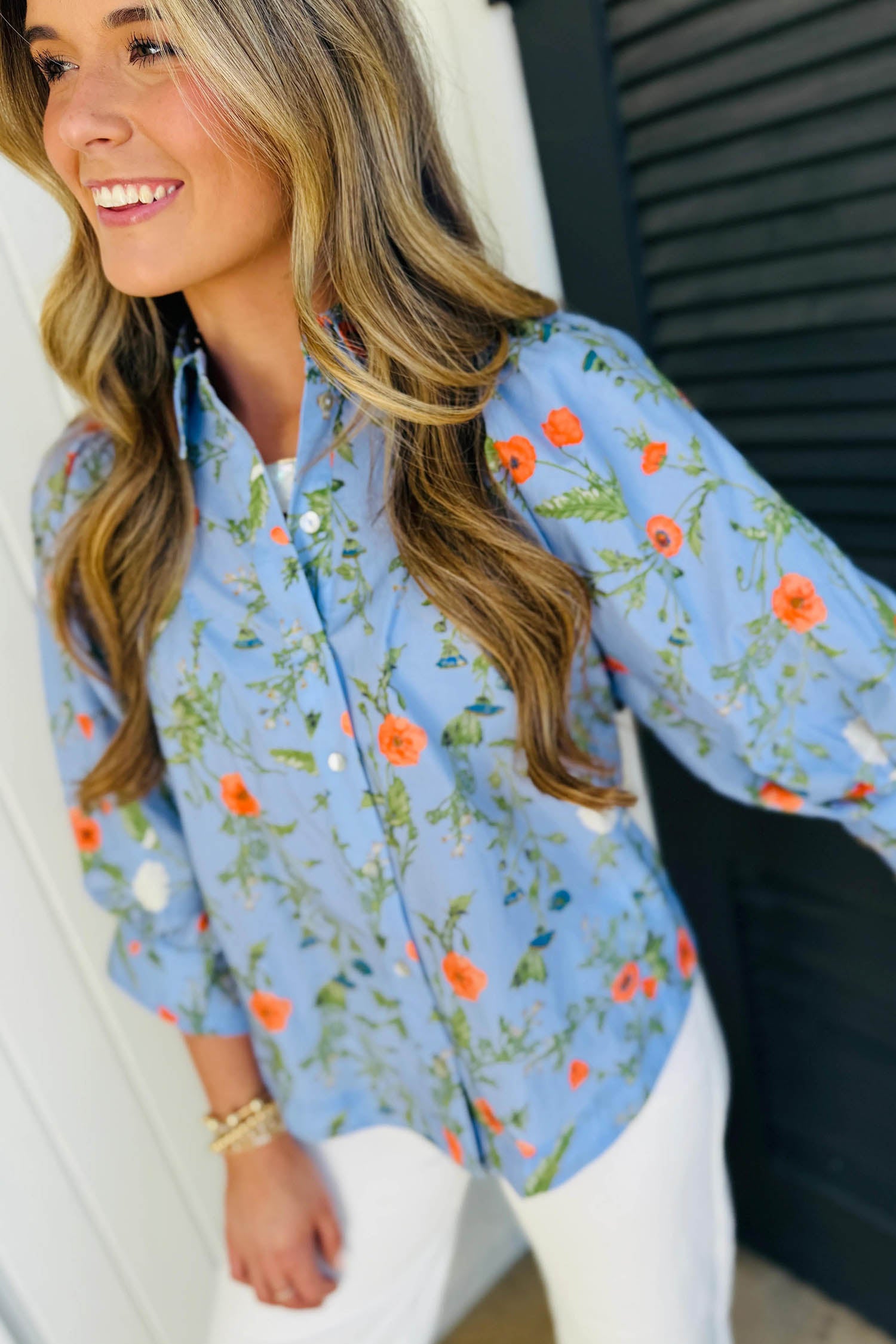 Sky Blue Floral Print Bracelet Sleeve Button Down Casual Shirt – Light Blue
