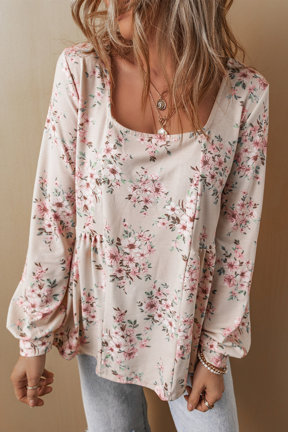 Pink Floral Print Pleated U Neck Loose Fit Blouse eAura