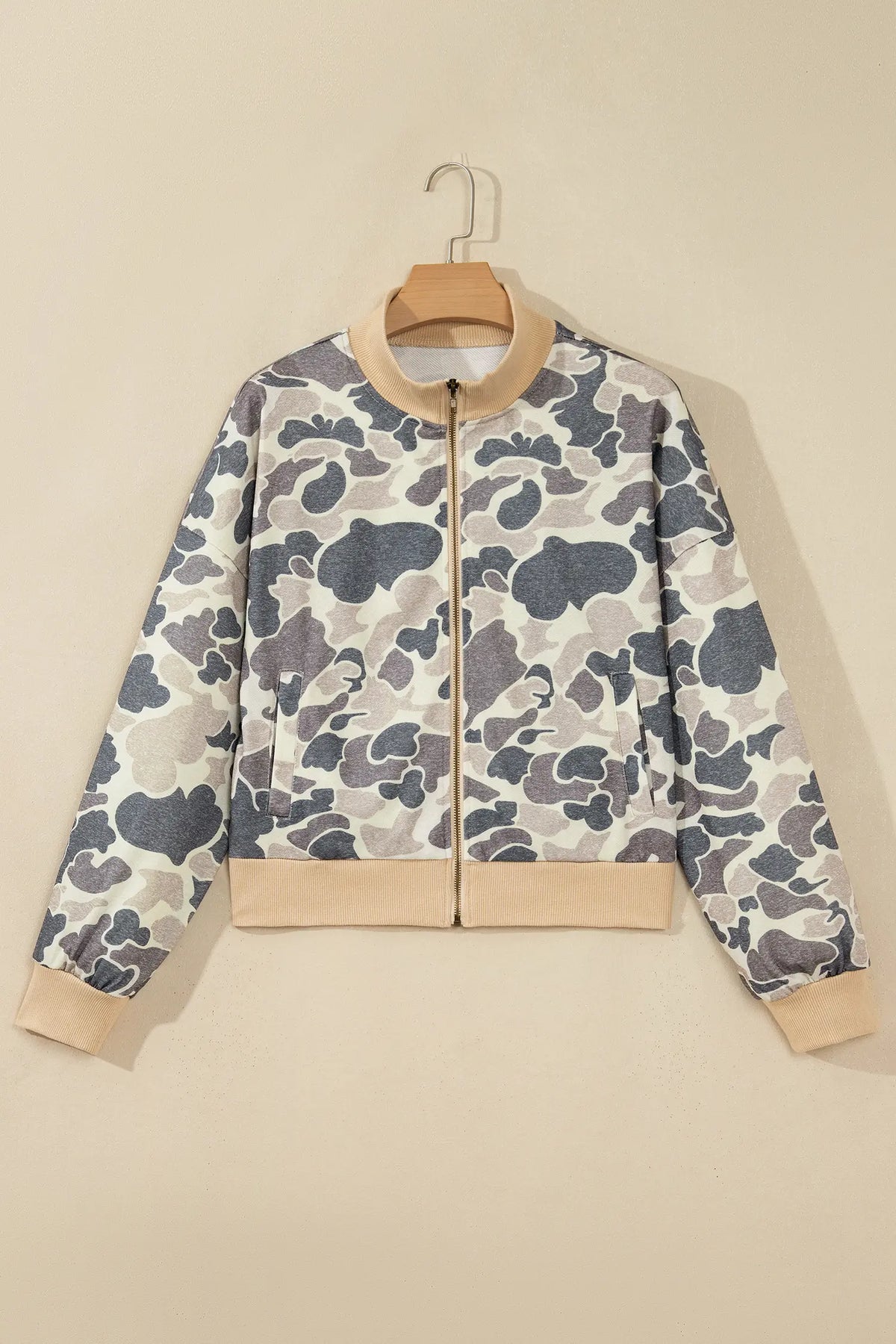 Camouflage Print Colour Block Trim Zip Bomber Sweatshirt – Multicolour