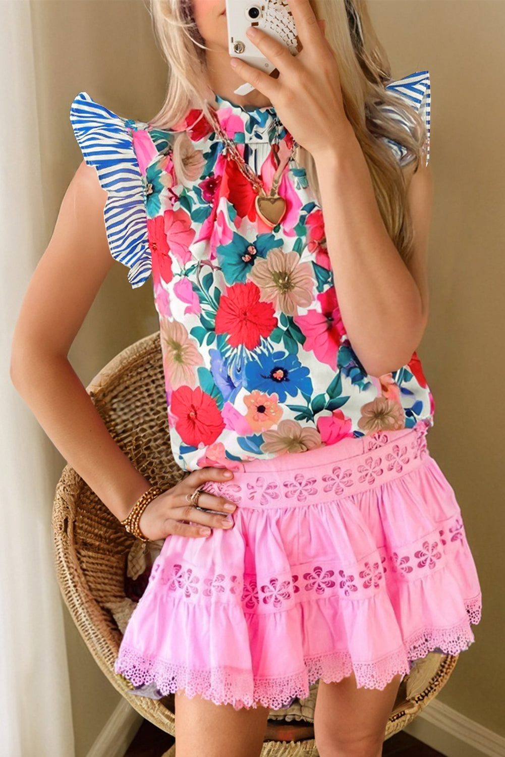 Sky Blue Floral Mock Neck Striped Flutter Sleeve Blouse Dear-Lover Dropshipping