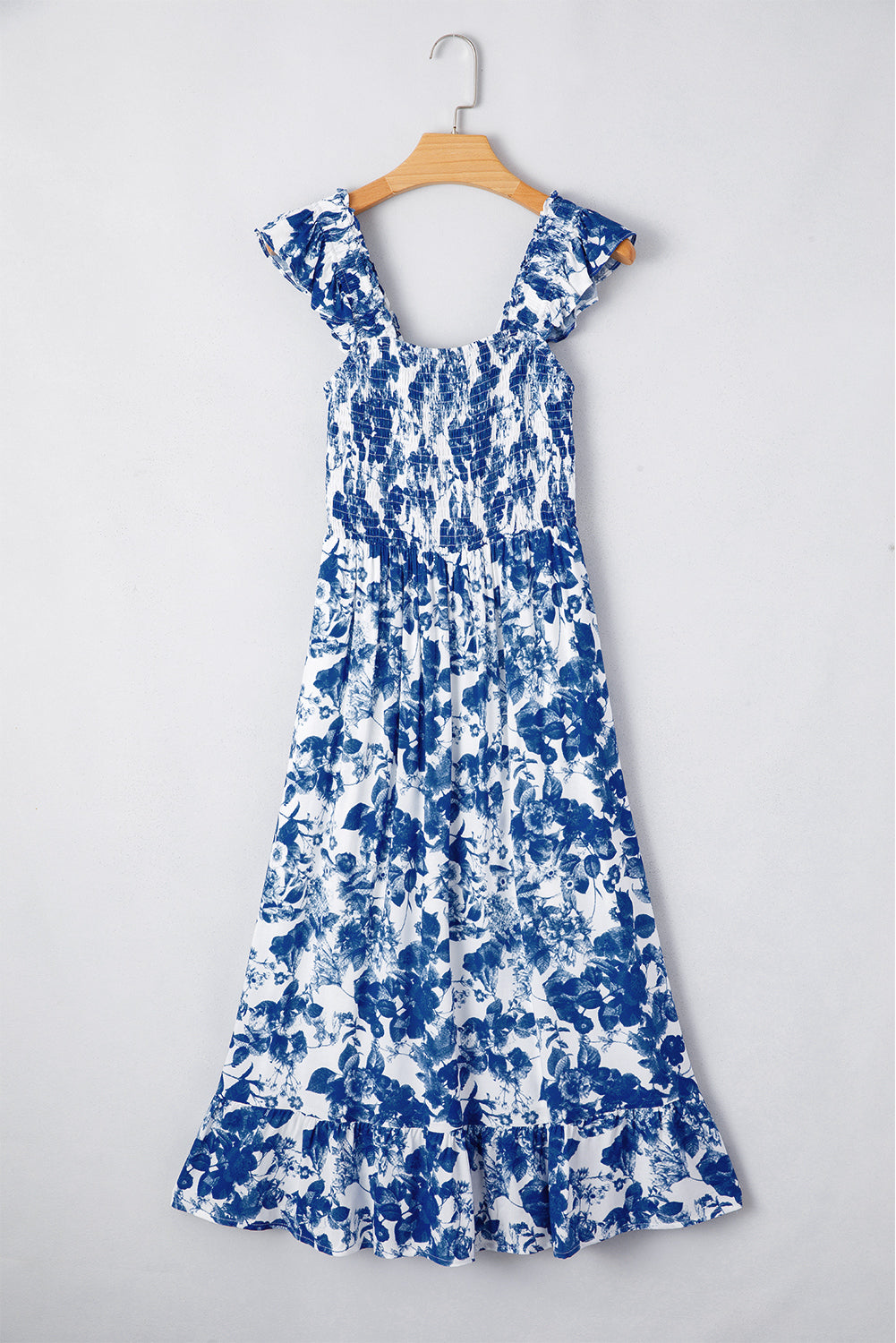 Blue Floral Ruffle Strap Square Neck Smocked Bodice Midi Dress eAura