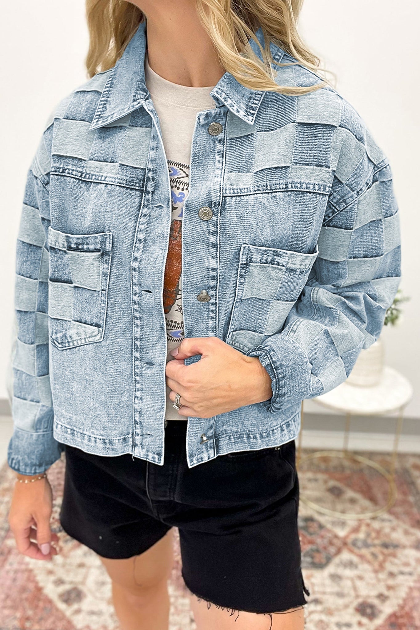 Denim Checkered Pattern Patchwork Casual Jacket - eAura