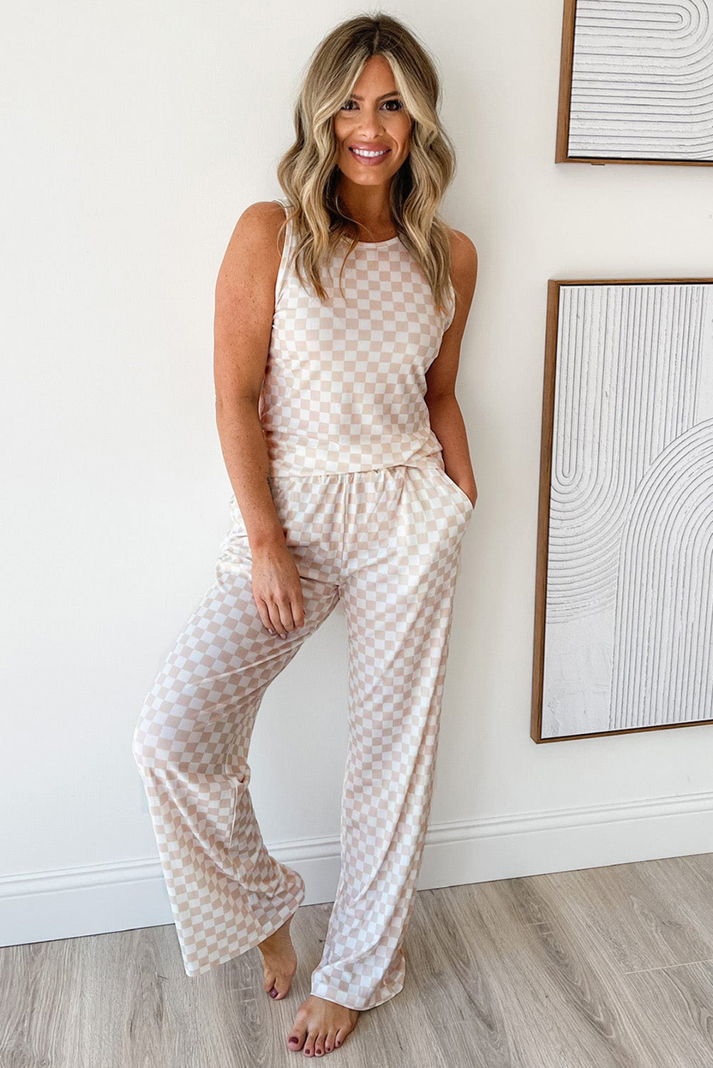 White Ribbed Texture Checkered Print 2pcs Tank and Trouser Co-ord Set eAura