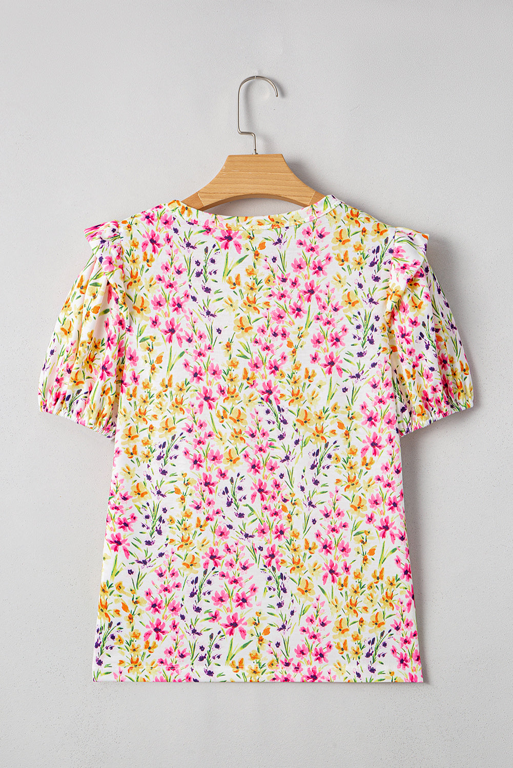 Pink Floral Puff Short Sleeve Crewneck Blouse eAura