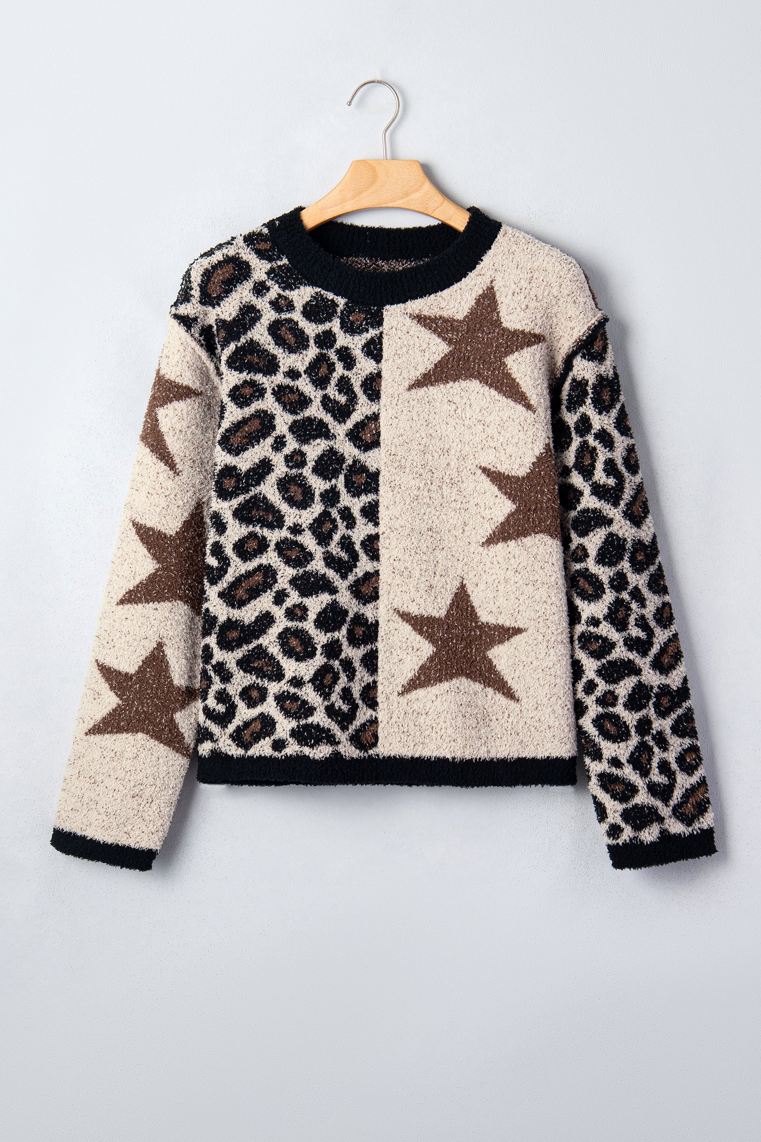 Leopard Star Pattern Round Neck Long Sleeve Shift Sweater – Smoke Gray