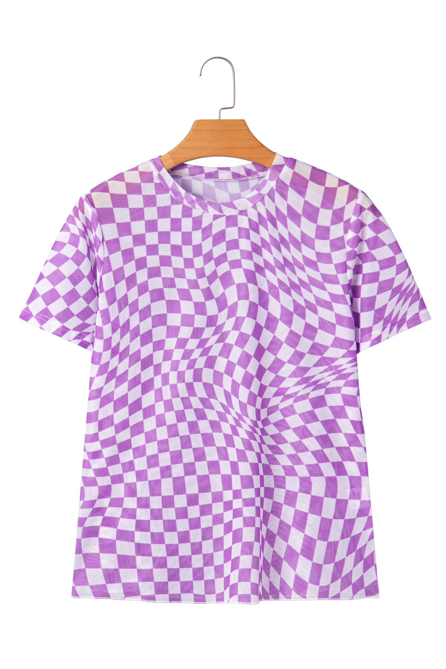 Checkered Print Crew Neck Mesh T-Shirt – Orange, Khaki, Black & Purple