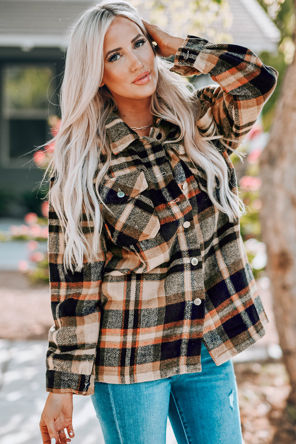 Geometric Plaid Print Pocketed Shacket eAura