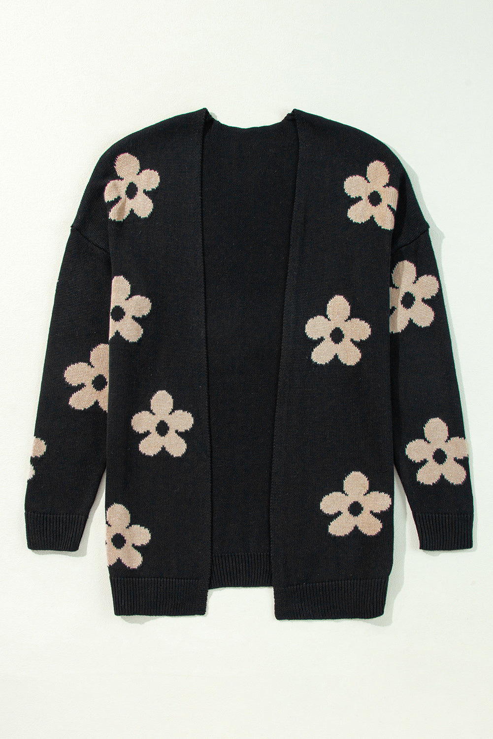 Black Floral Print Knitted Open Front Loose Cardigan eAura