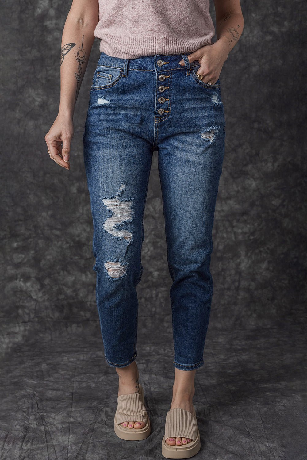 Blue Distressed Button Fly High Waist Skinny Jeans Beagle Boutique Fashion Outlet