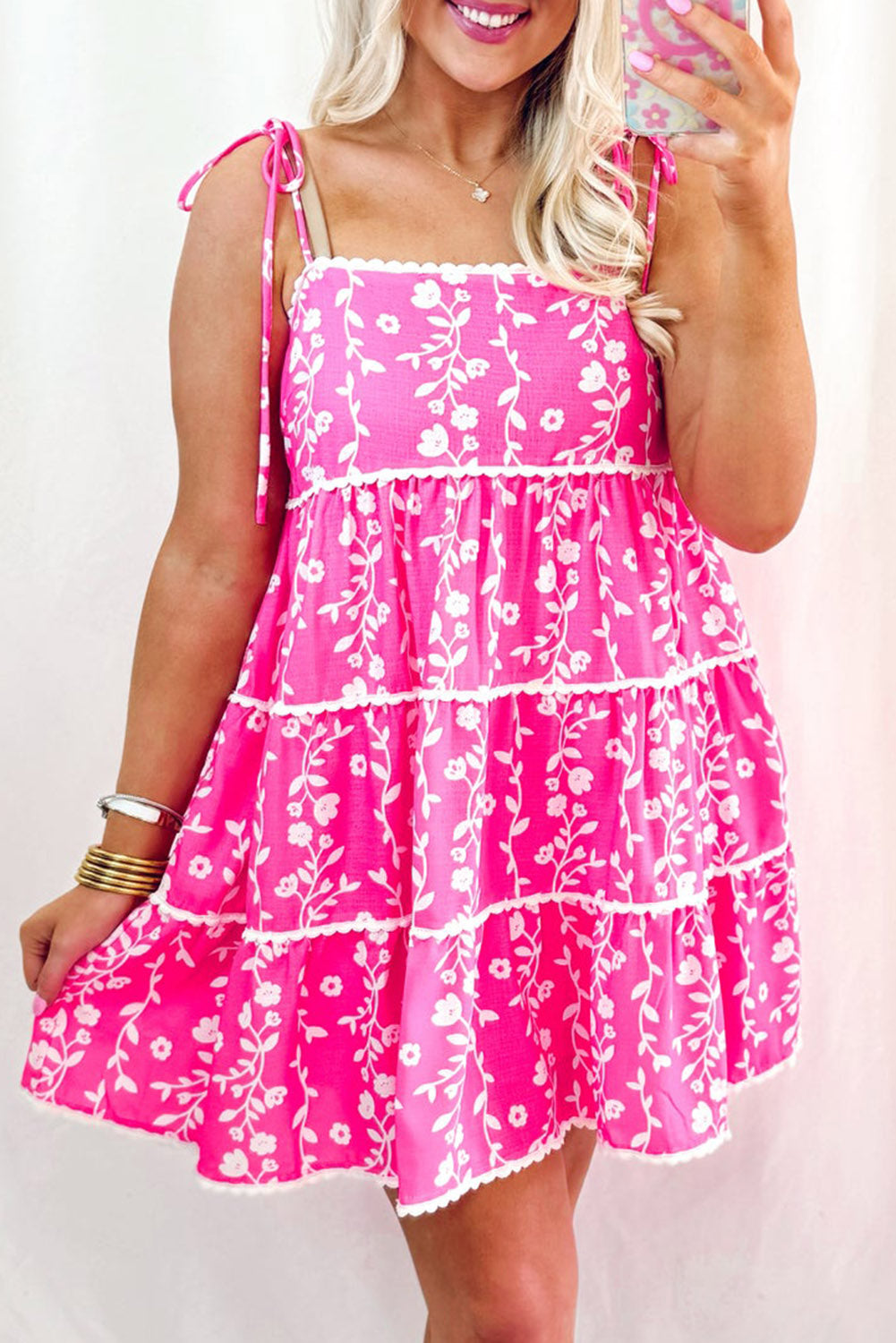 Pink Floral Print Ric Rac Patched Sleeveless Mini Dress eAura