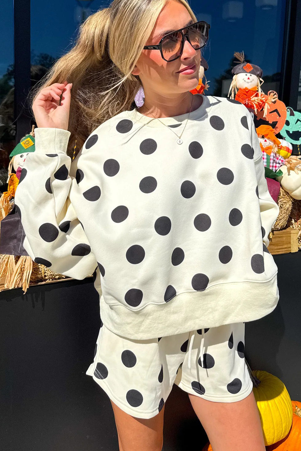 Polka Dot Print Drop Shoulder Pullover Drawstring Shorts Set