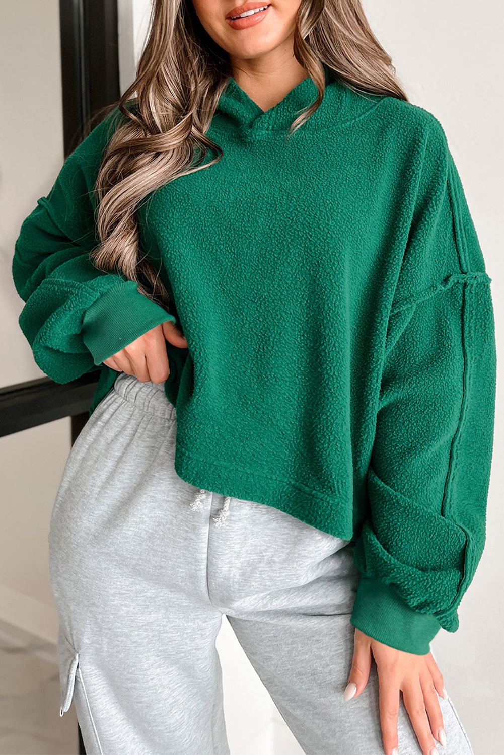 Dark Green Sherpa Fleece Drop Shoulder Hoodie eAura