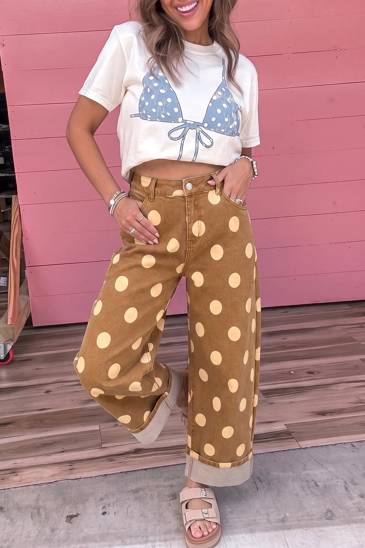 Polka Dot Ankle-Length Metal Button Casual Jeans – Brown