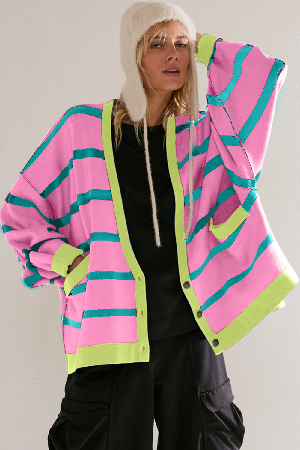 Pink Stripe Colorblock Drop Shoulder Buttoned Loose Cardigan Dear-Lover Dropshipping