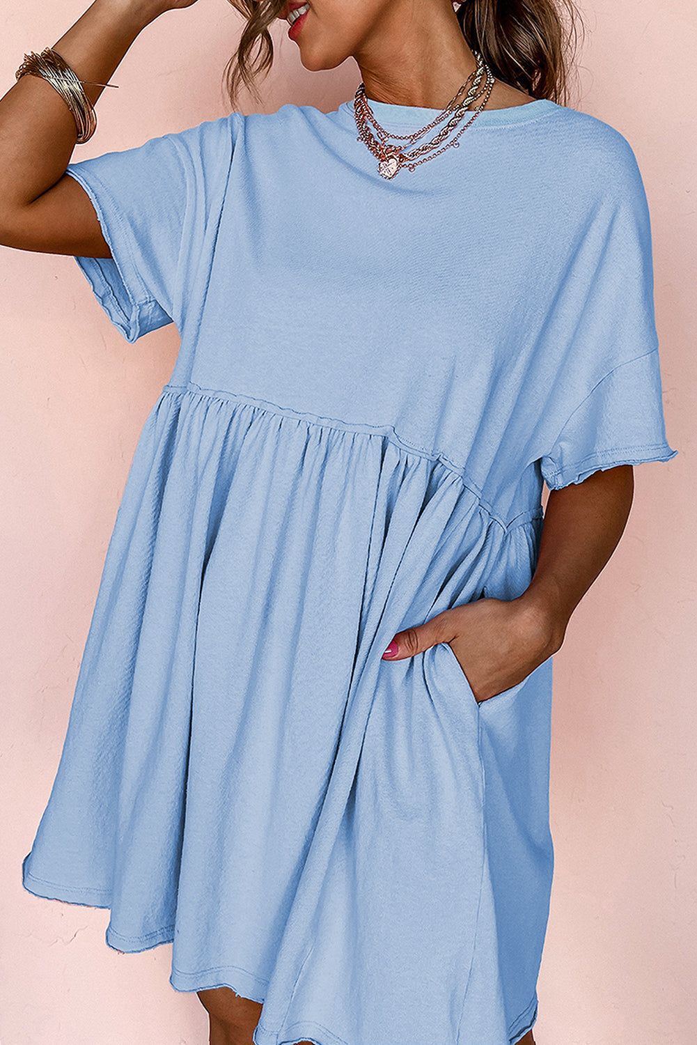 Pocketed Raw Edge Babydoll Dress eAura