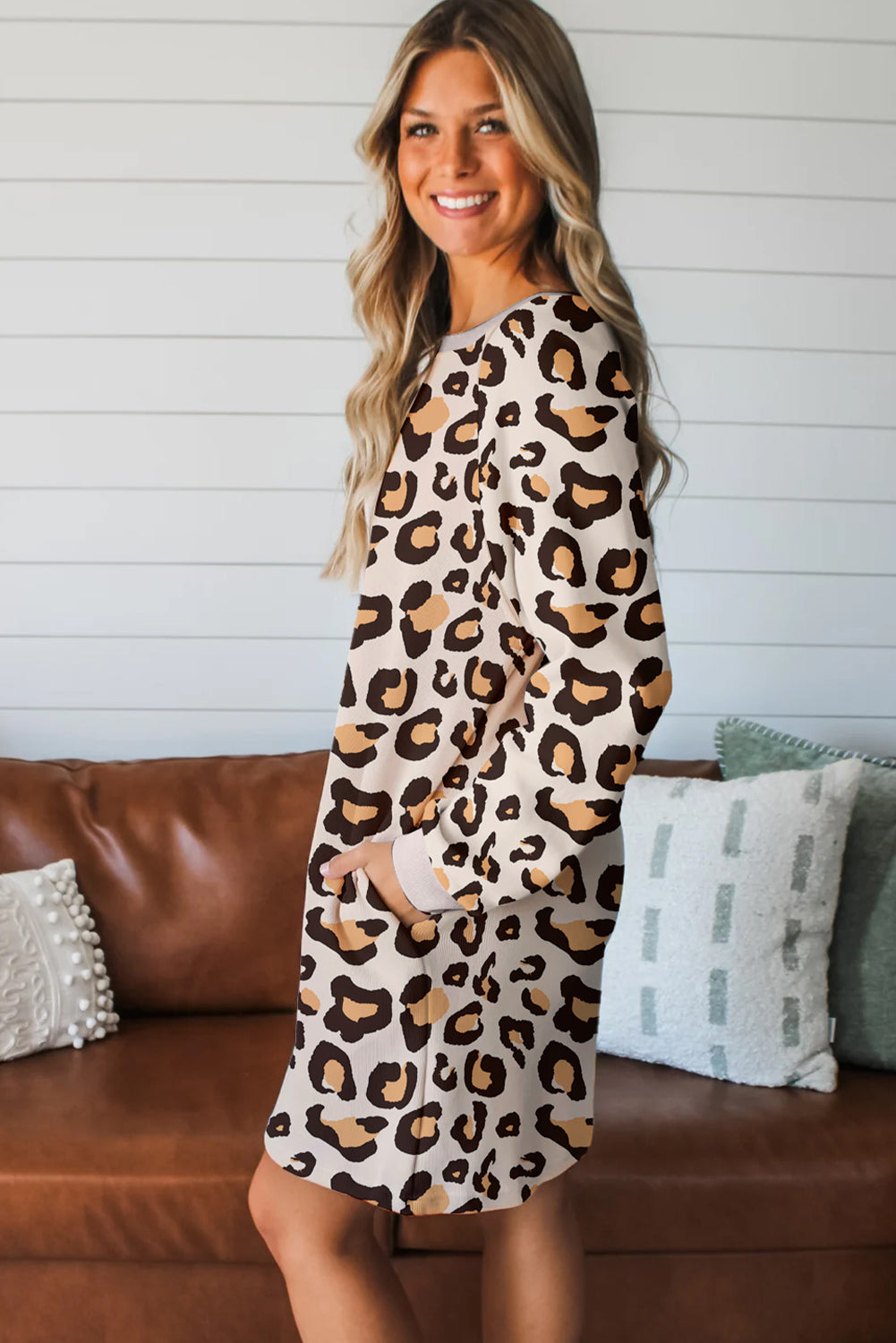 Khaki Leopard Long Sleeve Shift T-Shirt Dress with Pockets