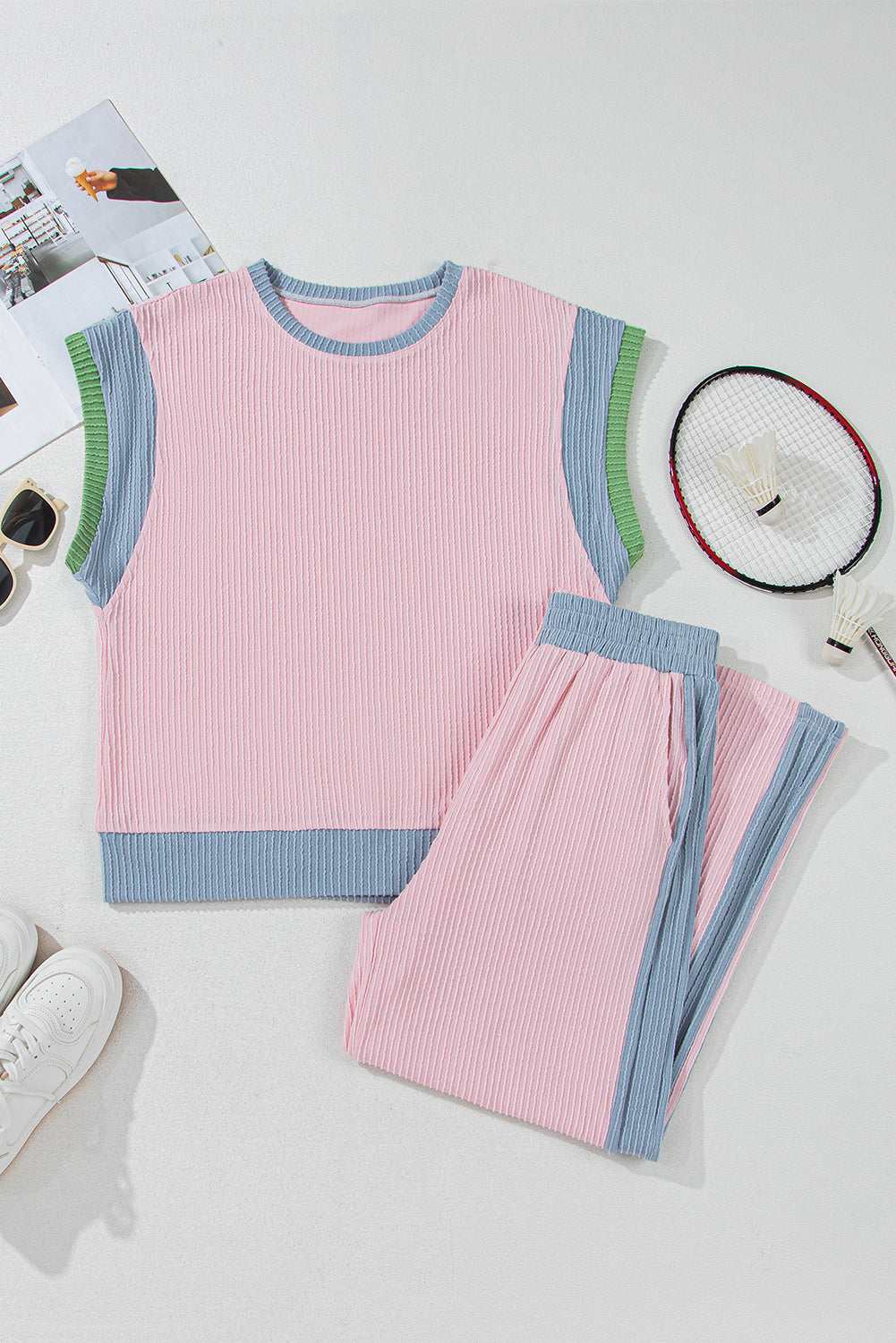 Pink Ribbed Colourblock Patchwork Short Sleeve Top and Loose Trousers Set - Two Piece Sets/Pant Sets