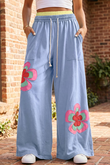 Sky Blue Color Block Flower Patchwork Drawstring Wide Leg Pants