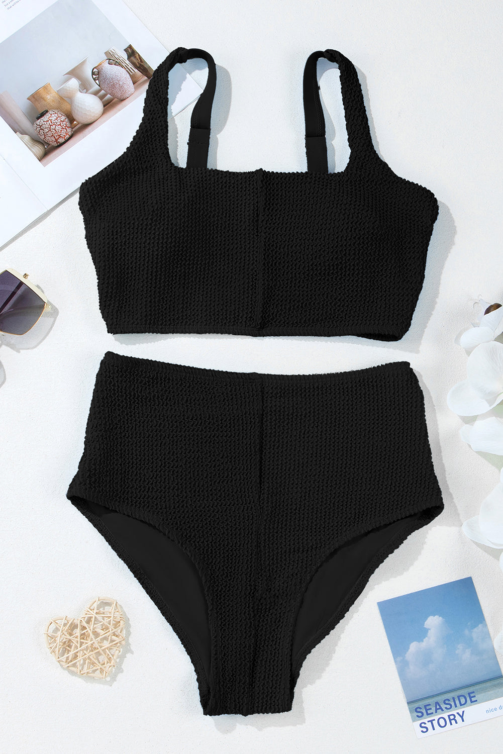 Corded Colorblock Square Neck High Waist Bikini Set
