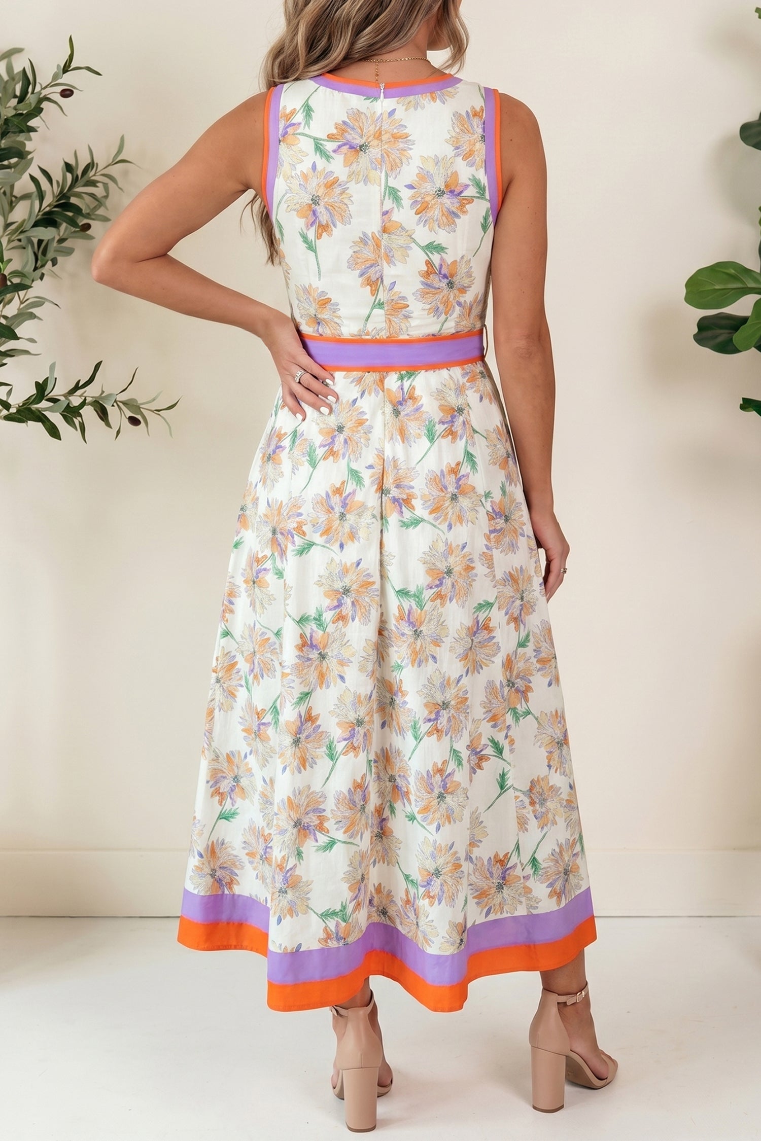 Floral Print Colour Block Trim Belted Sleeveless Maxi Dress