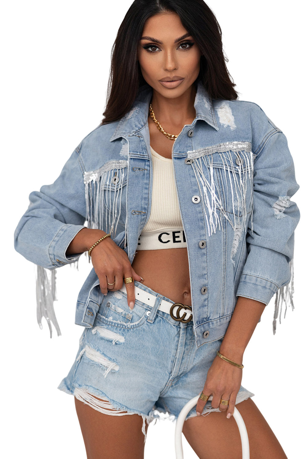 Sky Blue Sequin Embellished Fringe Distressed Denim Jacket Beagle Boutique Fashion Outlet