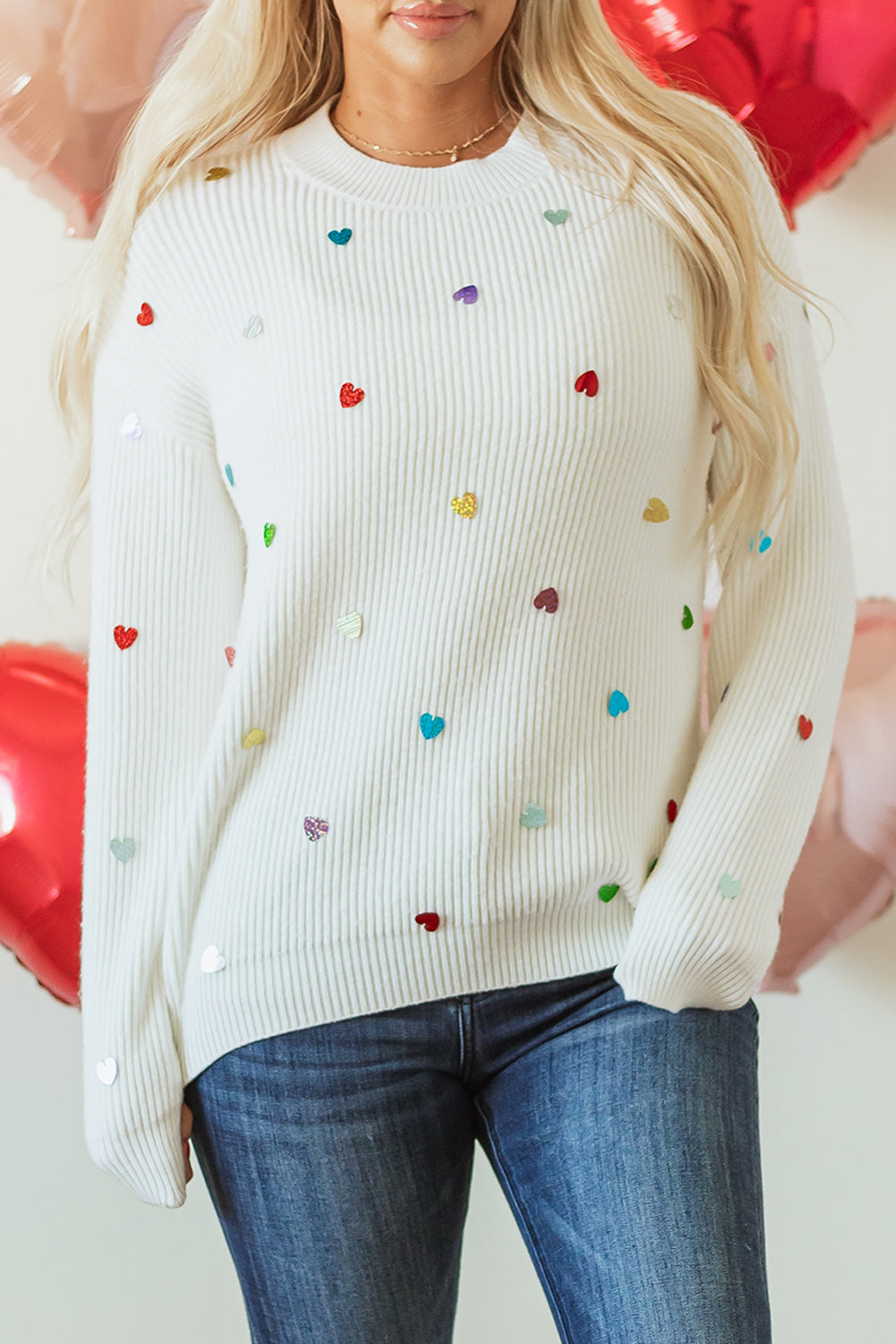 Beige Sequin Heart Shape Waffle Knit Round Neck Sweater eAura