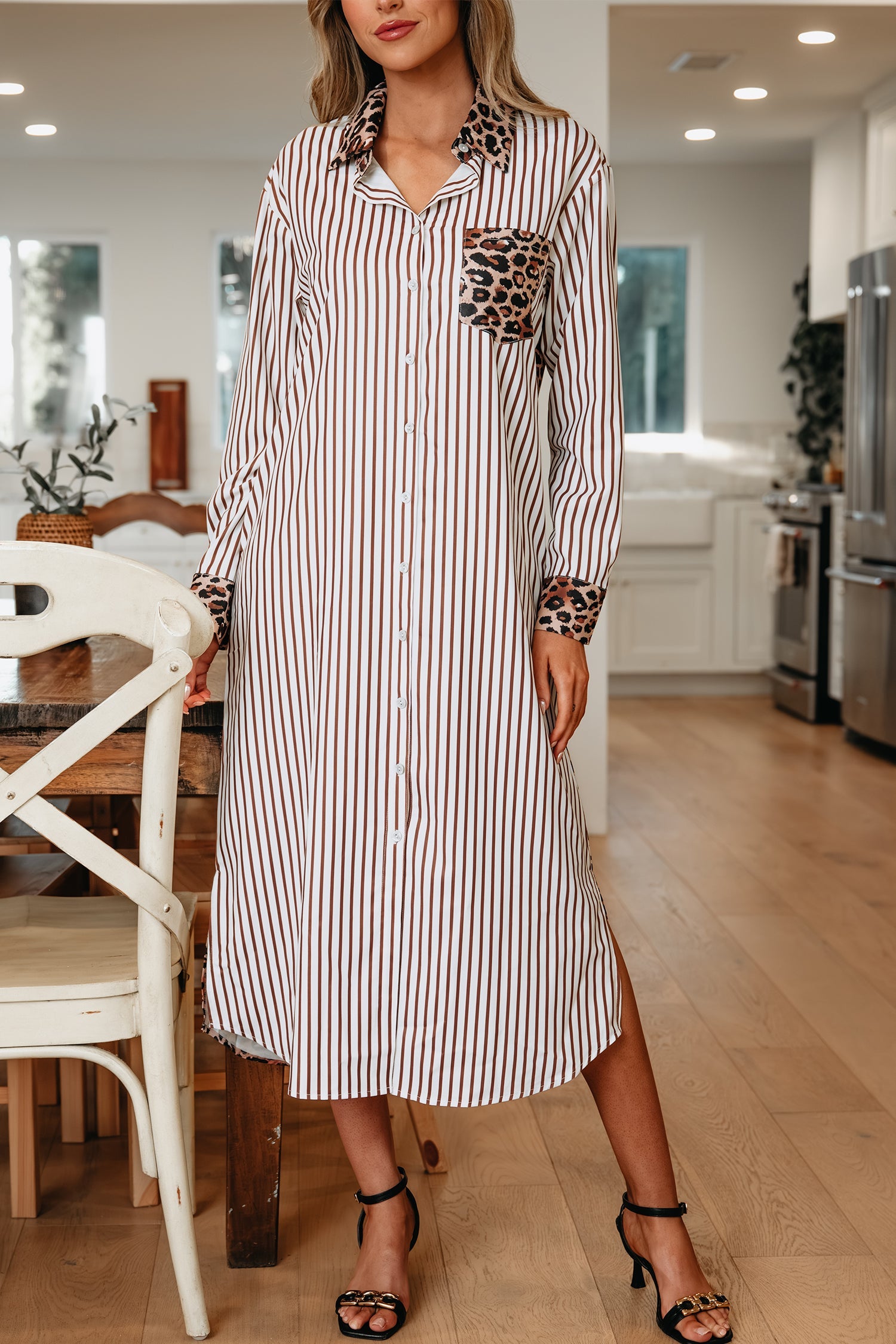Stripe Contrast Leopard Patchwork Long Shirt Dress with Slits - Dresses/Maxi Dresses