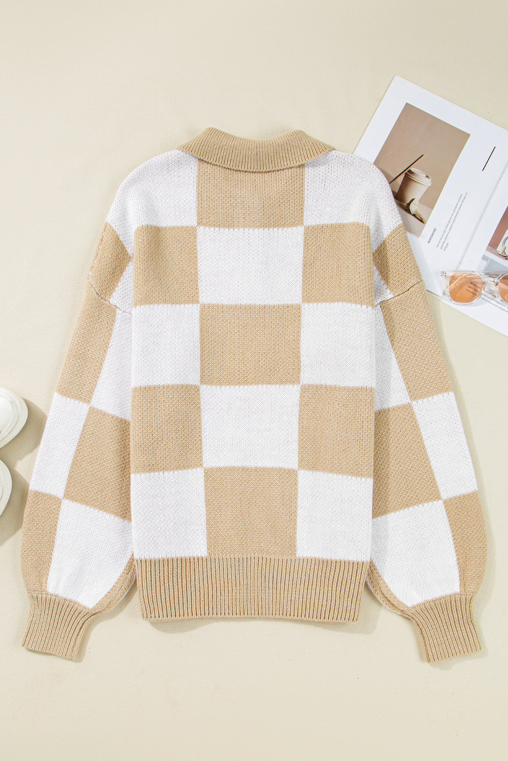 Checkered Pattern Polo Collar Loose Sweater eAura