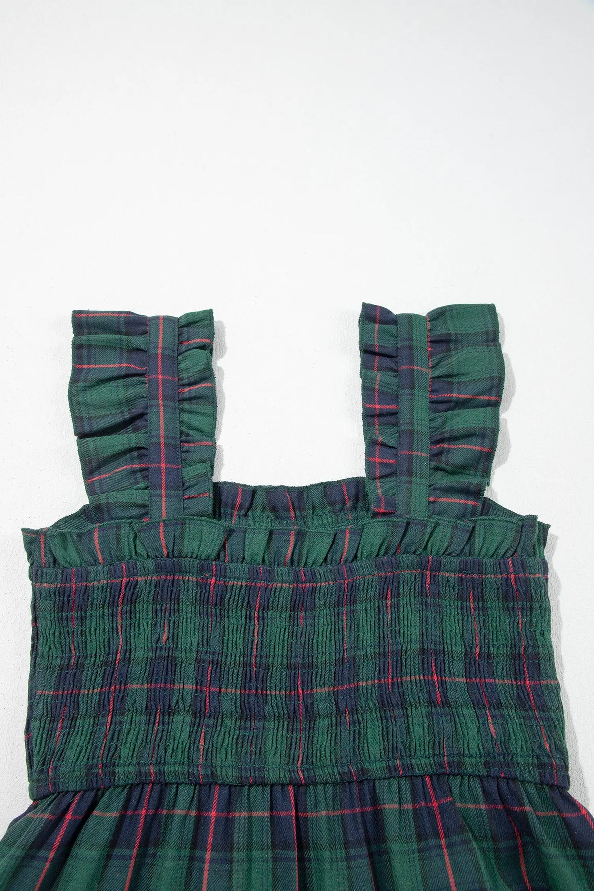 Plaid Ruffle Sleeveless Shirred Bodice Tiered Midi Dress – Green