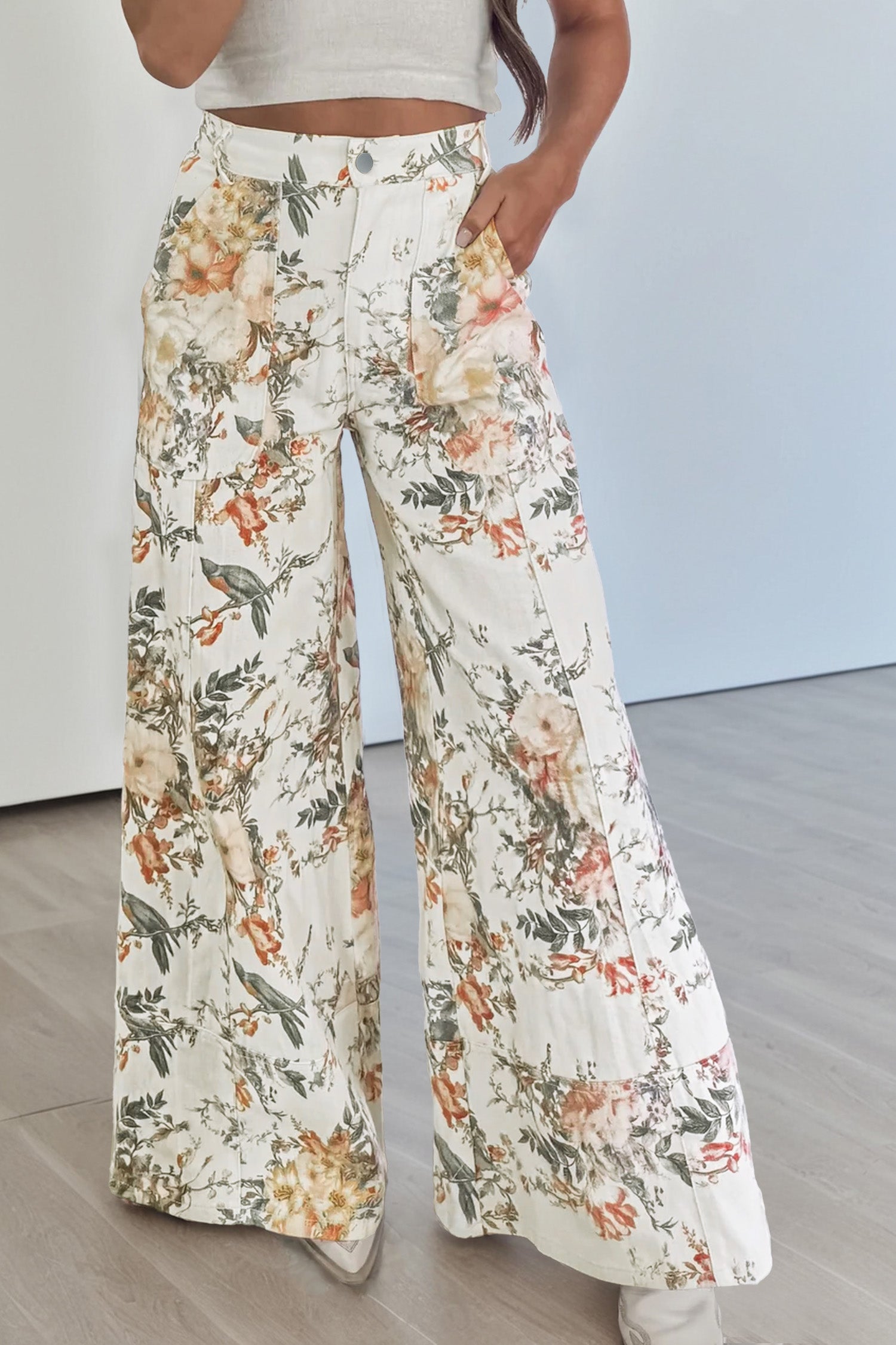 Vintage Style Floral Print High Waist Wide Leg Jeans – Beige