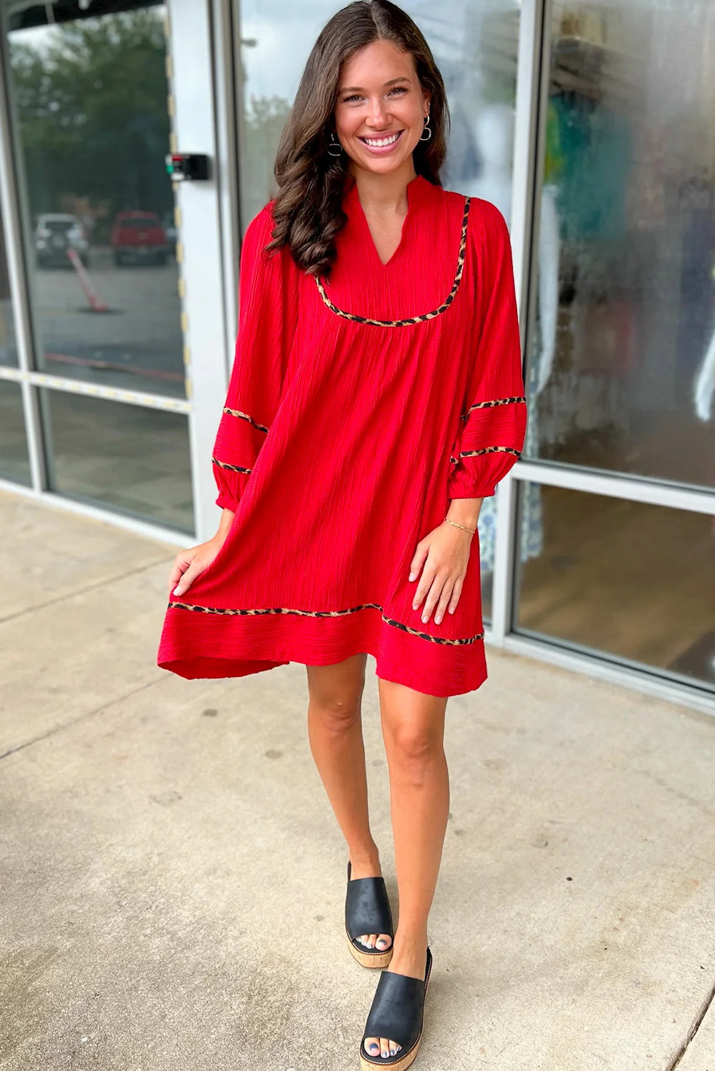 Red Textured V-Neck Leopard Contrasted Trim Long Sleeve Shift Mini Dress