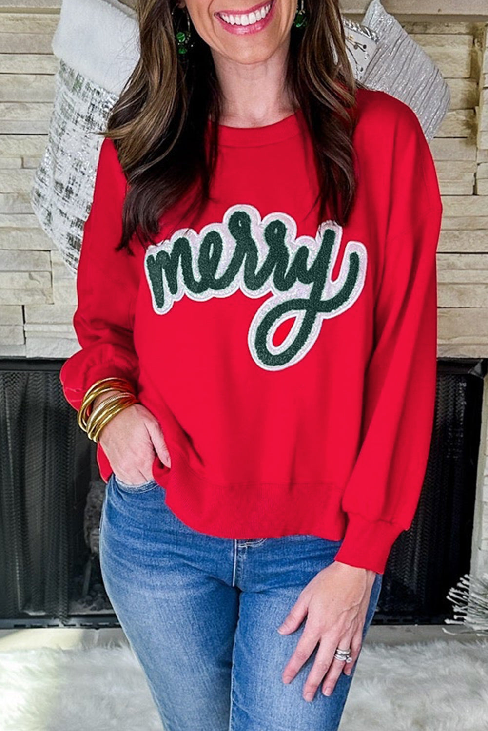Fiery Red Merry Script Holiday Christmas Graphic Sweatshirt - eAura