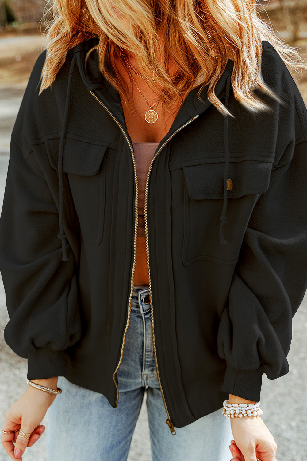 Flap Pocket Drawstring Hood Zip Up Jacket Beagle Boutique Fashion Outlet