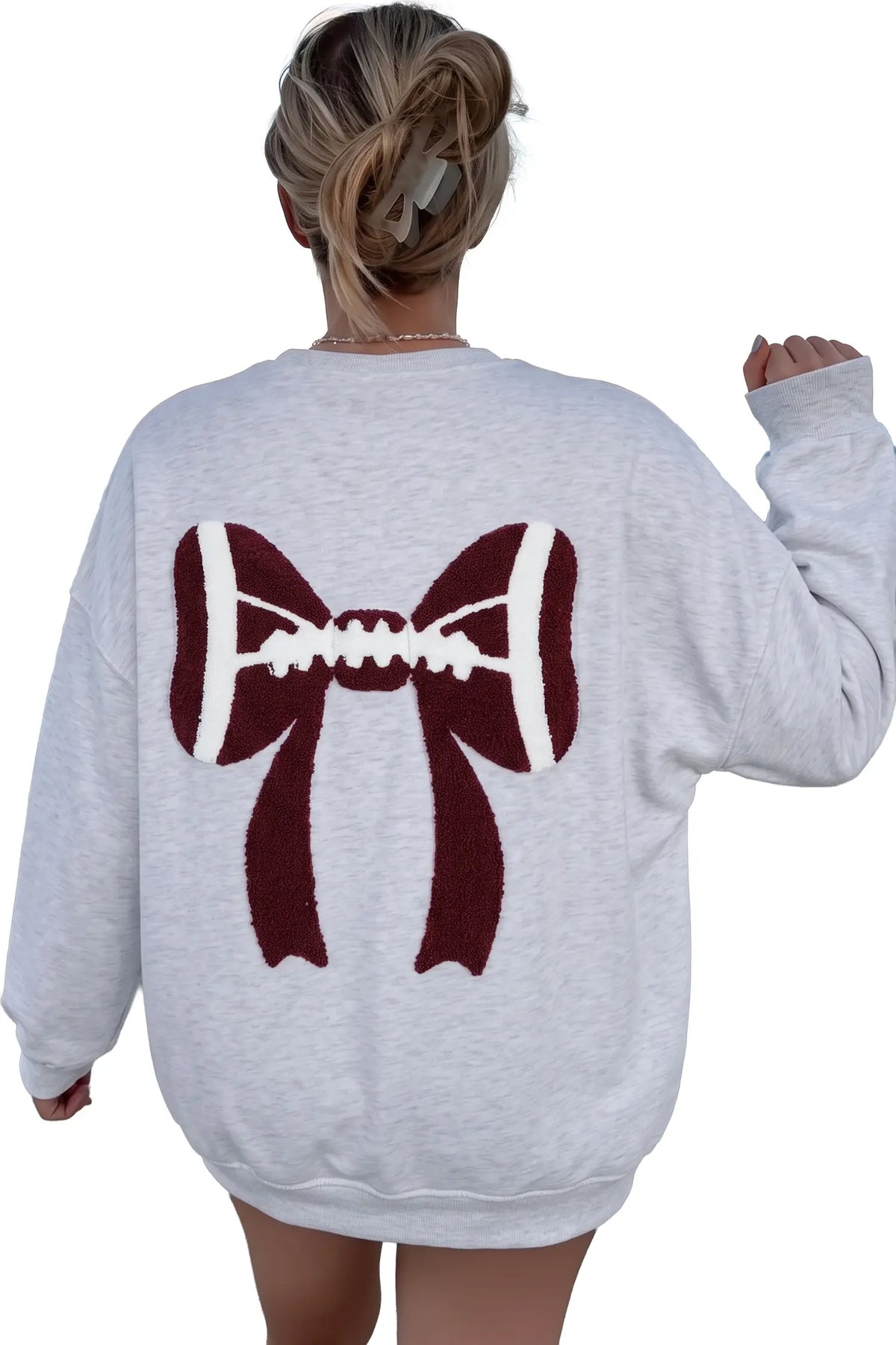 Chenille Embroidered Rugby Bow Game Day Oversized Sweatshirt – Grey