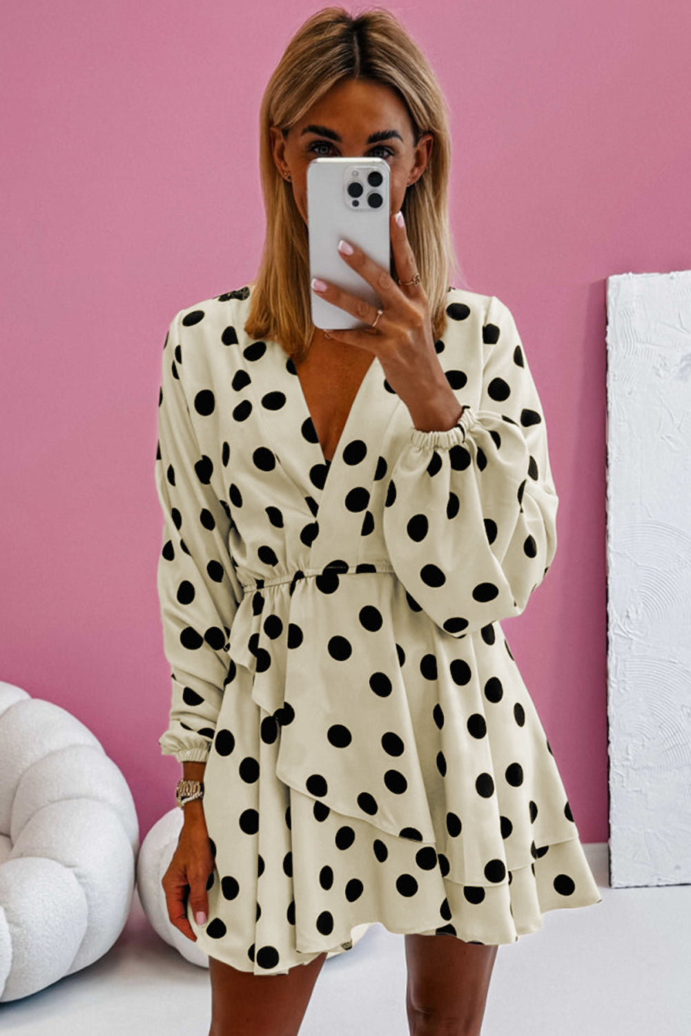 Polka Dot Print Surplice V-Neck Puff Sleeve Mini Dress