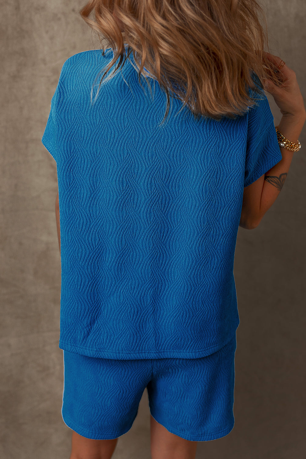 Bluing Solid Textured Crew Neck Short Set Co-ord eAura