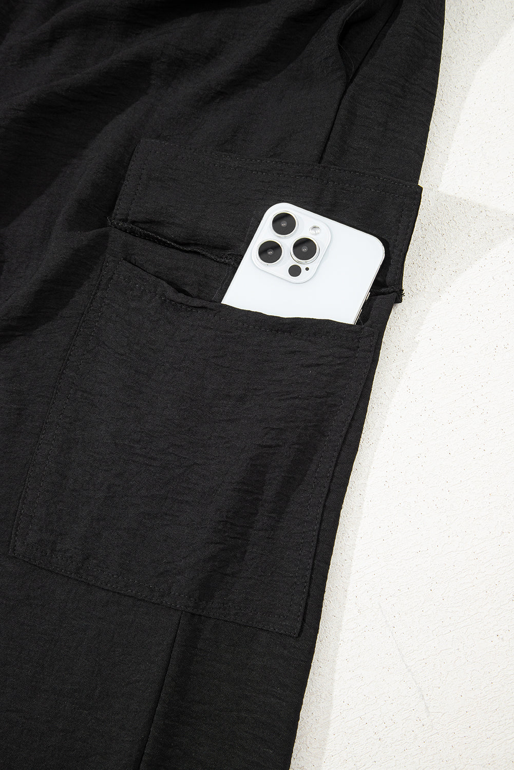 Black Drawstring Frilled Waist Wide Leg Utility Trousers Lightweight eAura