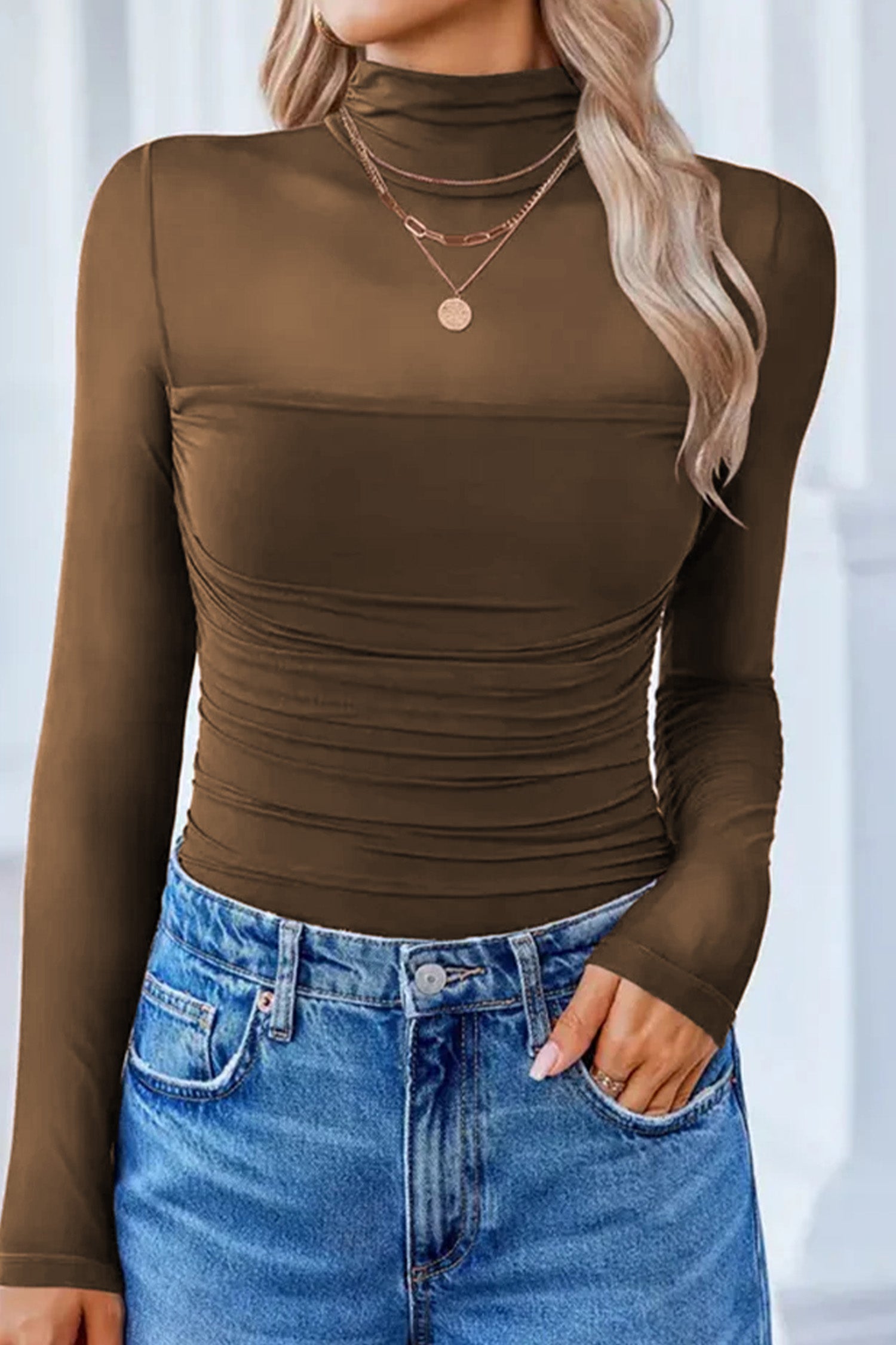 Sheer Mesh High Neck Long Sleeve Top - Tops/Tops & Tees