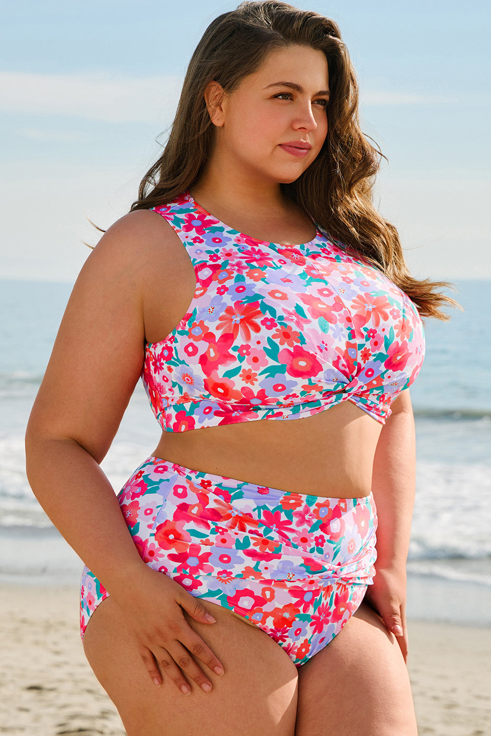 Rose Plus Size Floral Print Twisted High Waist Bikini Set BB Fashion Outlet