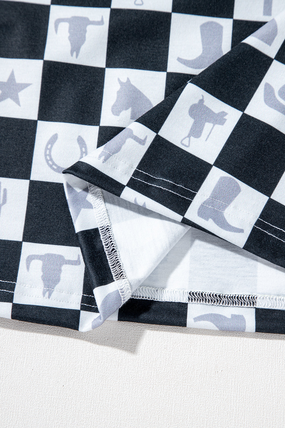 Black Western Fashion Checkerboard Print Side Split T Shirt eAura