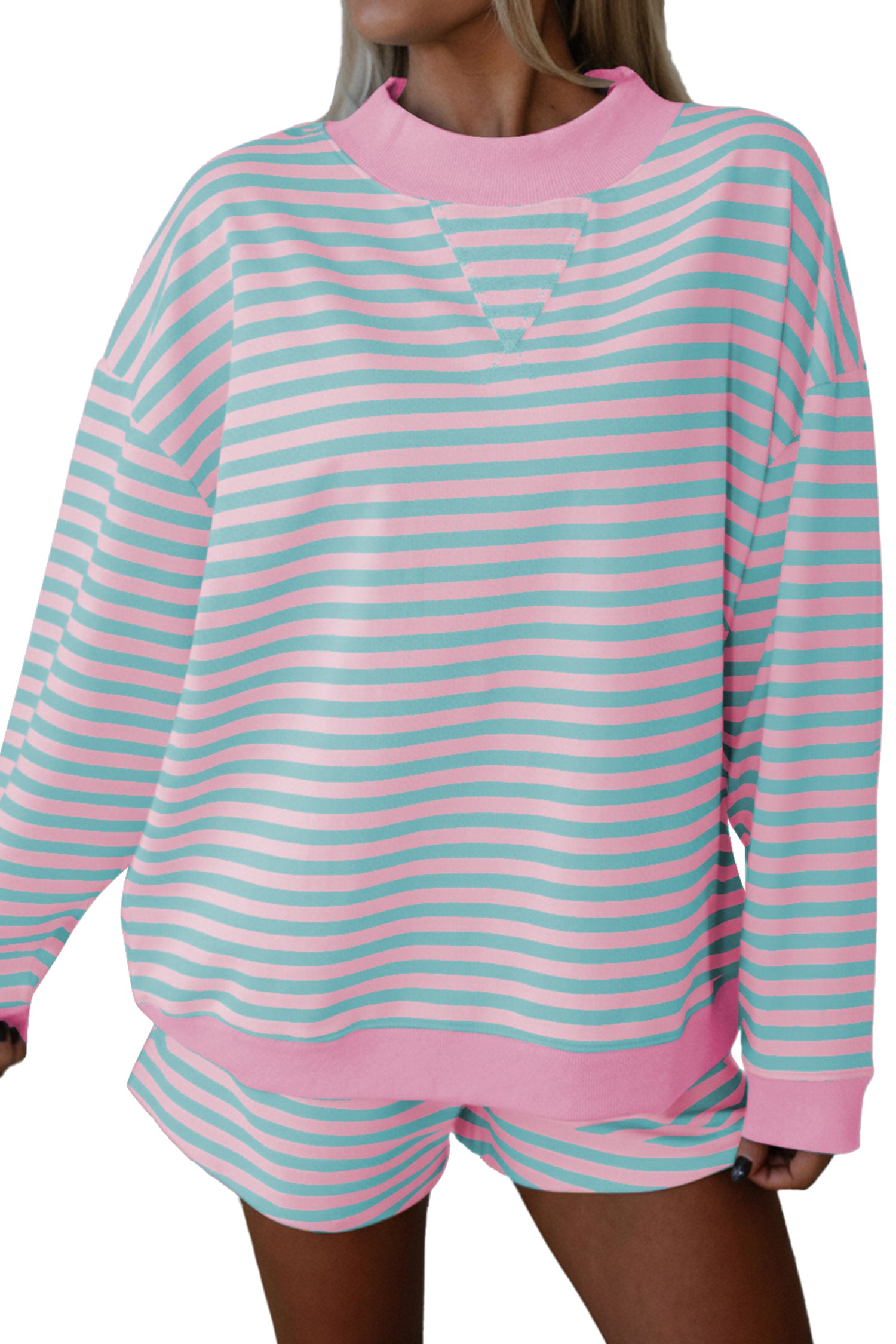 Color Block Detail Long Sleeve Pullover Elastic Waist Pull On Shorts 2pcs Set – Yellow Stripe