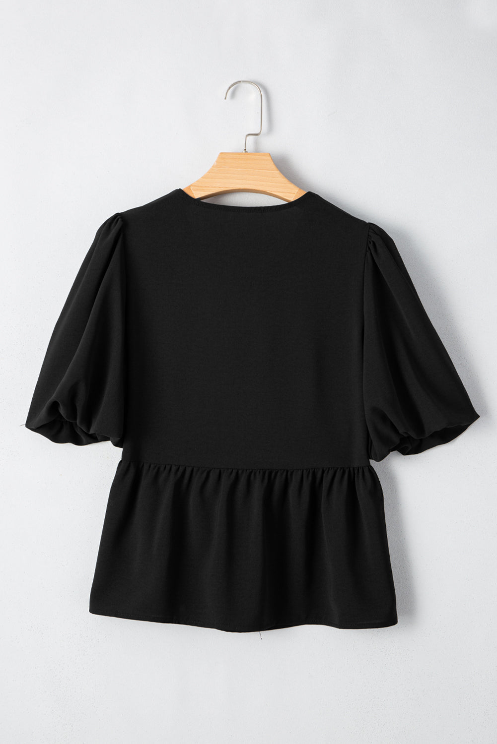 Black Puff Sleeve Bowknot Front Peplum Blouse eAura