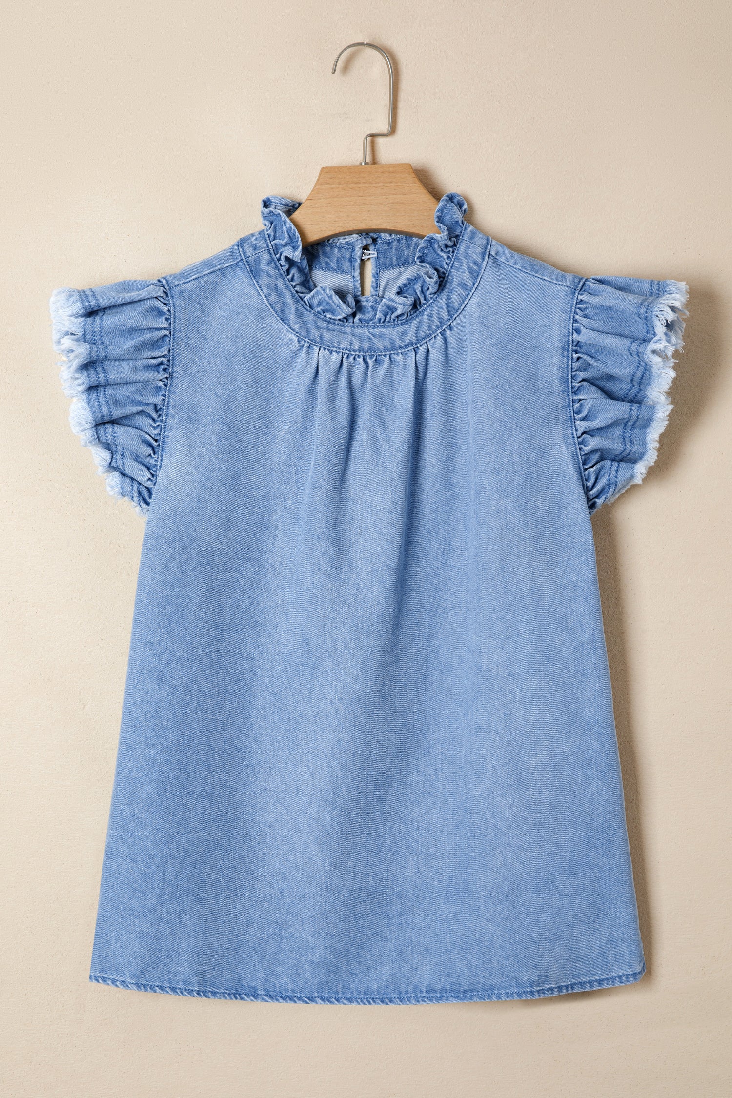 Frilled Collar Flutter Sleeve Denim Top – White