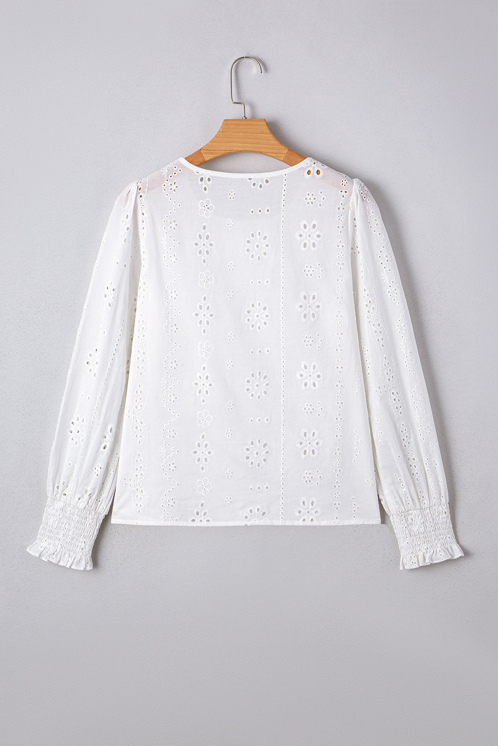 White Eyelet Embroidered Smocked Cuff Sheer Blouse Dear-Lover Dropshipping