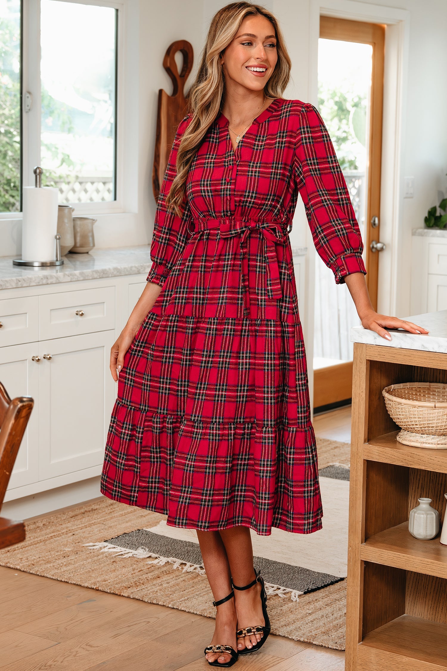 Christmas Plaid Print V-Neck 3/4 Sleeve Tie Waist Long Dress - Dresses/Maxi Dresses