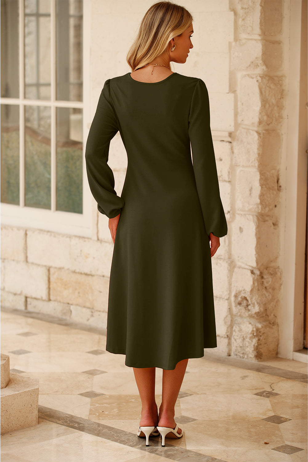 Solid Color Ruched Detail Long Sleeve Midi Dress – Jungle Green