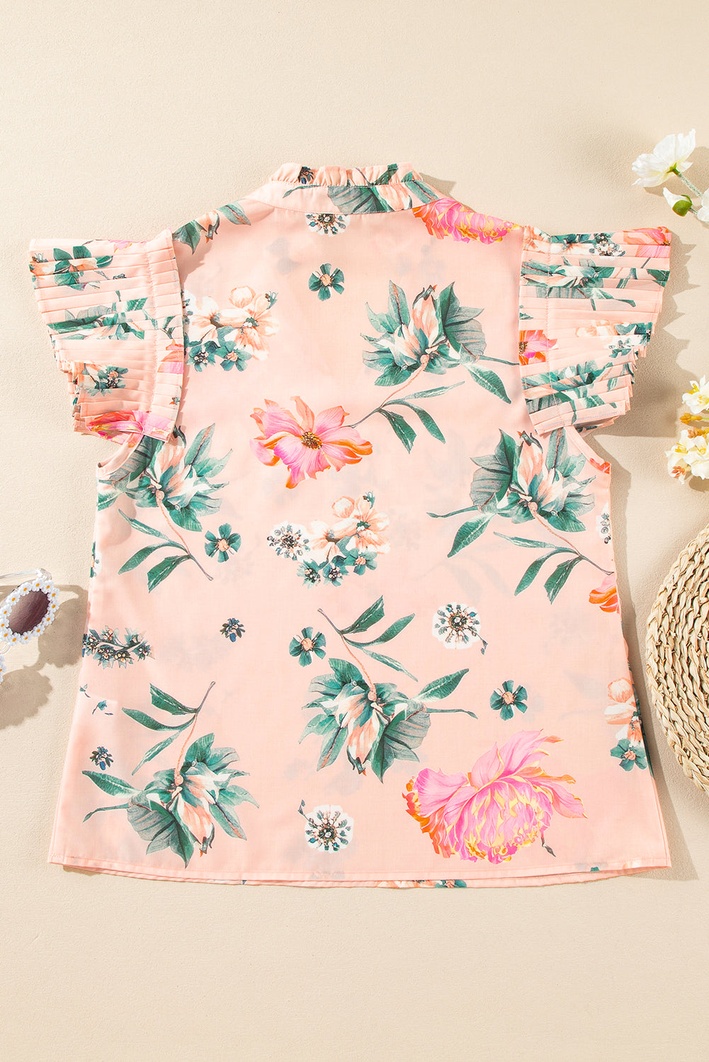 Pink Floral Print Frilled V Neck Pleated Sleeve Blouse eAura