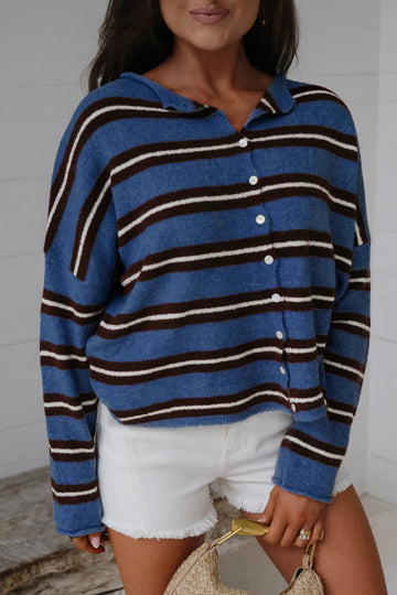 Striped Drop Shoulder Button Cardigan – Blue Stripe
